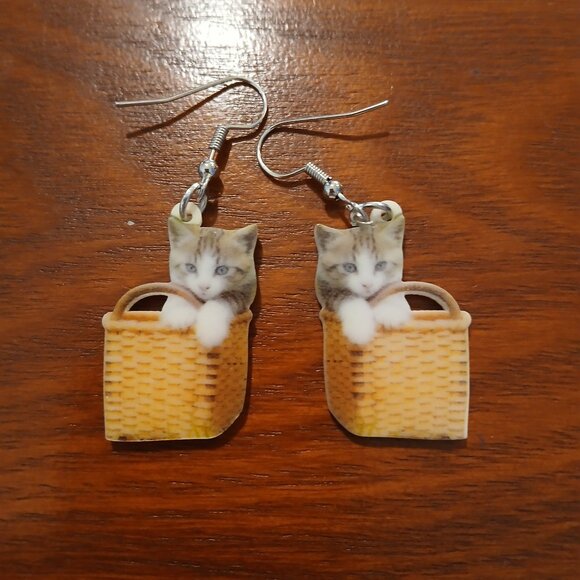 Cat In A Basket Drop Earrings - Picture 1 of 4